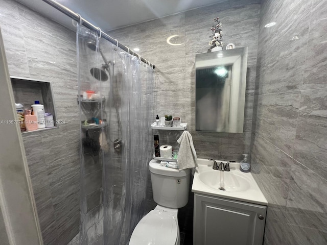 bathroom featuring a shower with shower curtain, toilet, tile walls, and vanity