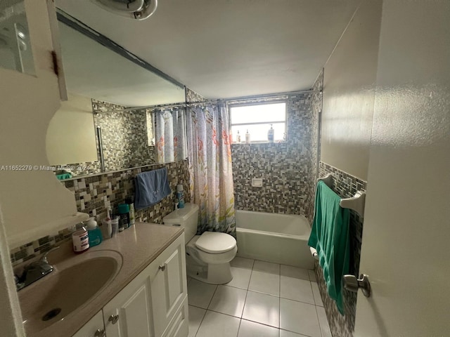 full bathroom featuring vanity, shower / tub combo, tasteful backsplash, tile patterned flooring, and toilet