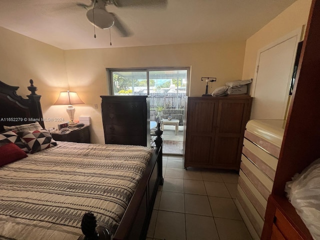 bedroom featuring ceiling fan and tile patterned flooring