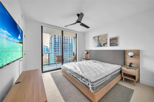 bedroom with ceiling fan, access to exterior, and light tile patterned floors