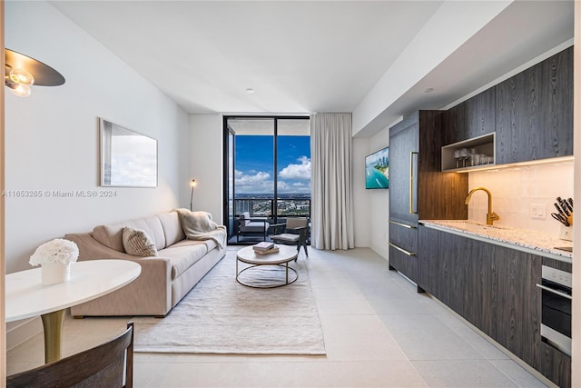 living room with sink and floor to ceiling windows