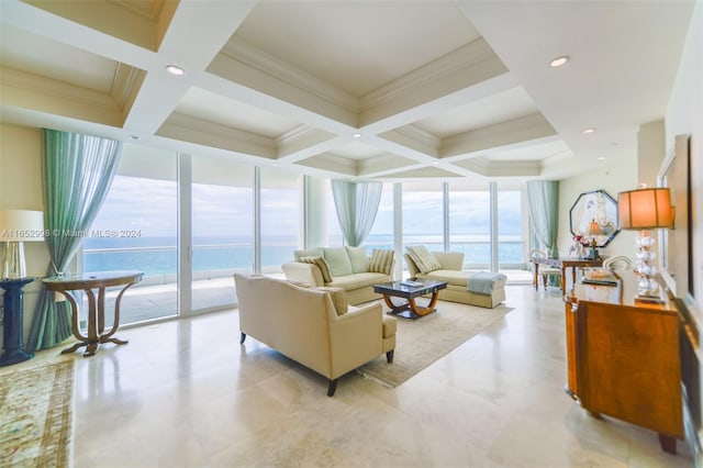 living room featuring a water view, coffered ceiling, beam ceiling, and crown molding