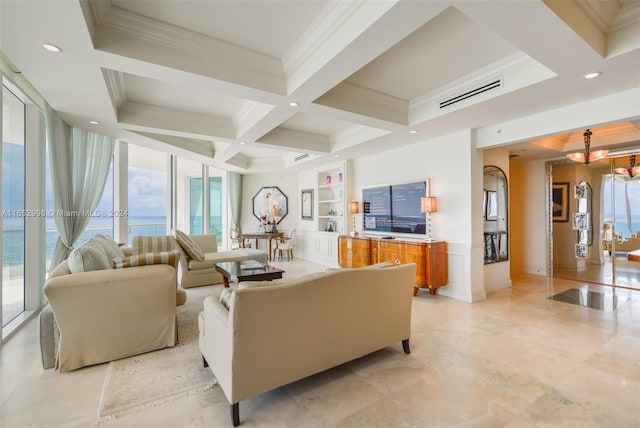 living room with coffered ceiling, an inviting chandelier, beamed ceiling, and ornamental molding