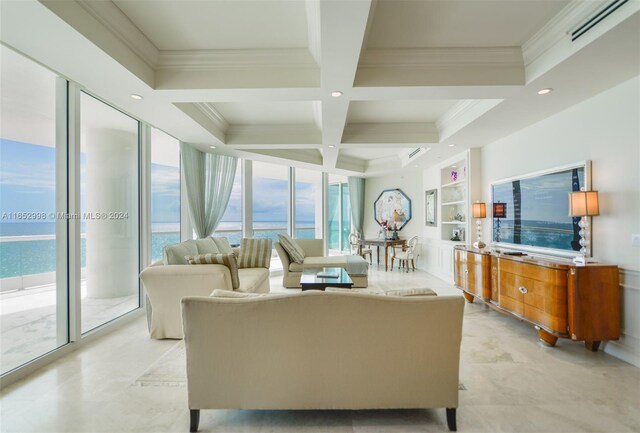 living room featuring crown molding, coffered ceiling, and beamed ceiling