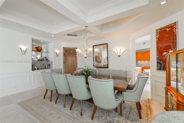 dining area with coffered ceiling, ornamental molding, beam ceiling, and a notable chandelier