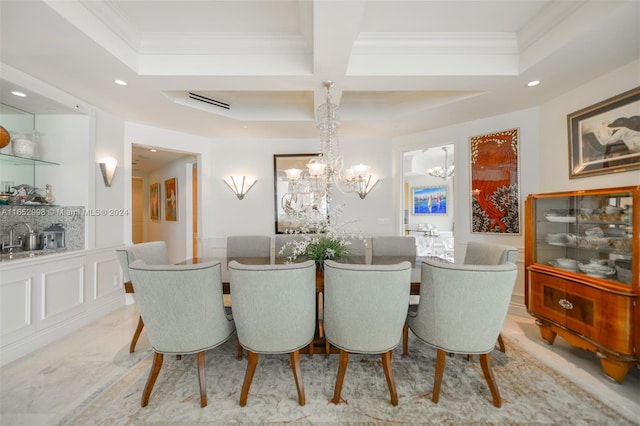 dining area with ornamental molding, coffered ceiling, and an inviting chandelier