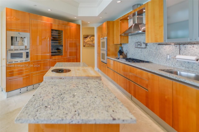 kitchen with crown molding, stainless steel appliances, light stone counters, decorative backsplash, and wall chimney exhaust hood