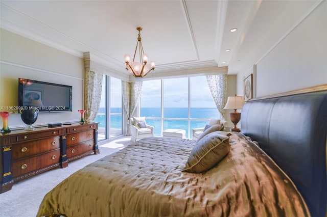 carpeted bedroom with crown molding, a notable chandelier, and access to outside