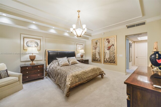 bedroom featuring ornamental molding, a notable chandelier, and light carpet