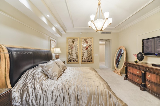 carpeted bedroom with ornamental molding and a notable chandelier