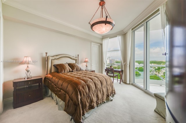 bedroom with carpet, ornamental molding, and access to outside