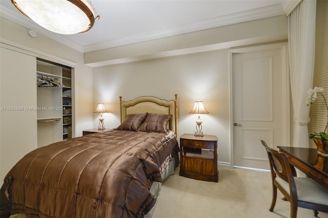 bedroom with crown molding, light colored carpet, and a closet