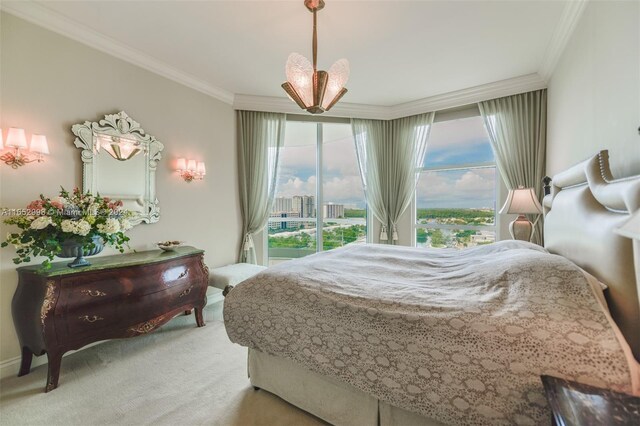 carpeted bedroom featuring a notable chandelier, access to outside, and ornamental molding