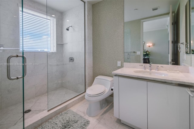 bathroom with walk in shower, toilet, and vanity