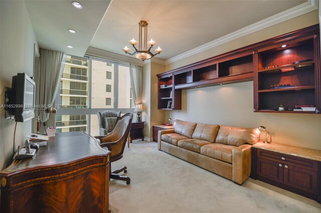 office area featuring light colored carpet, a notable chandelier, and ornamental molding