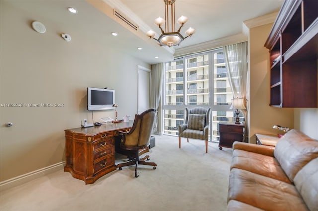 home office featuring light carpet, a notable chandelier, and ornamental molding