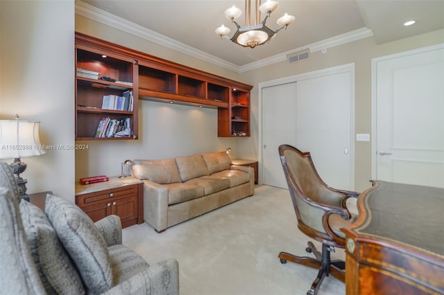 office space featuring light colored carpet, crown molding, and a notable chandelier