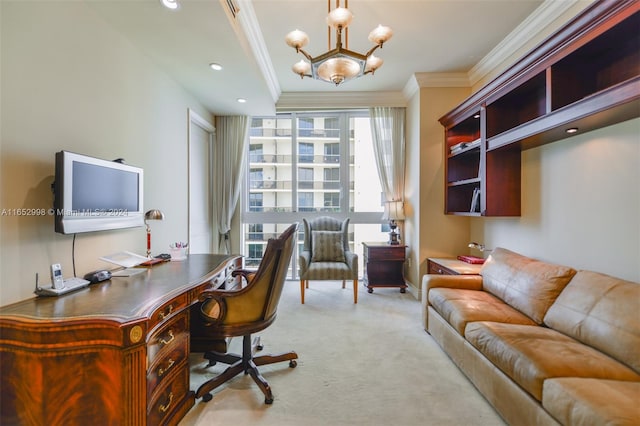 office area with crown molding, light colored carpet, and a notable chandelier