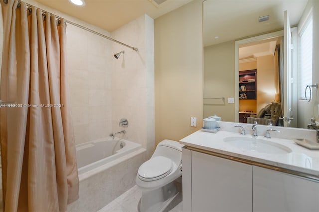 full bathroom with vanity, toilet, and shower / bathtub combination with curtain