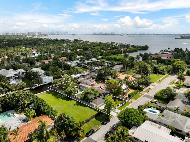 drone / aerial view featuring a water view