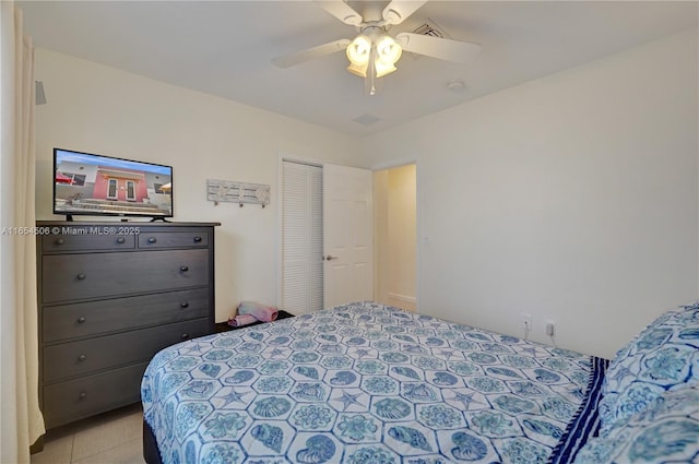 bedroom with ceiling fan and a closet