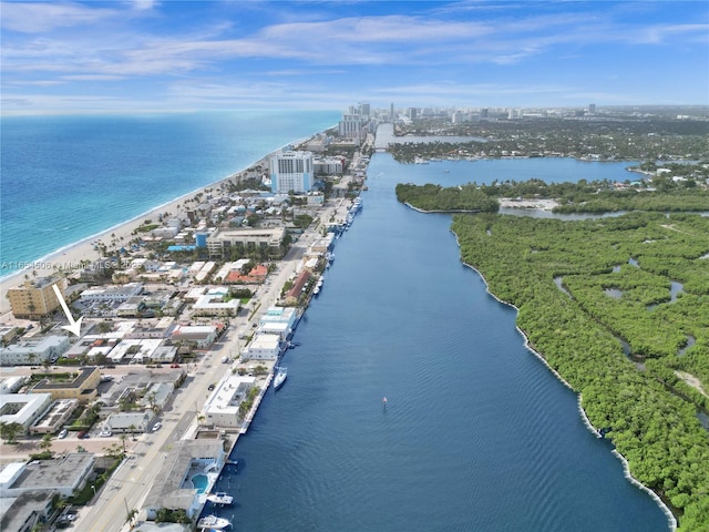 aerial view featuring a water view