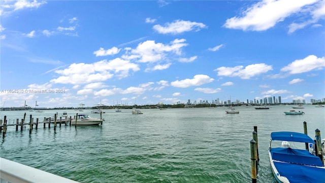 view of dock with a water view