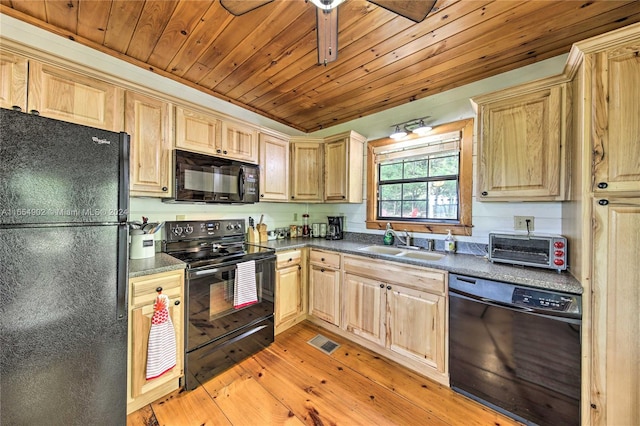 kitchen featuring sink, light hardwood / wood-style flooring, black appliances, ceiling fan, and wooden ceiling