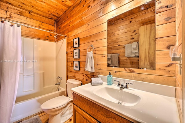 full bathroom featuring wooden walls, shower / tub combo with curtain, wooden ceiling, vanity, and toilet