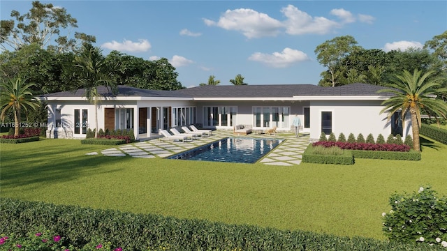 3314 Lowson Blvd, Delray Beach, FL 33445 - back of house with stucco siding, an outdoor pool, french doors, a patio, and a yard