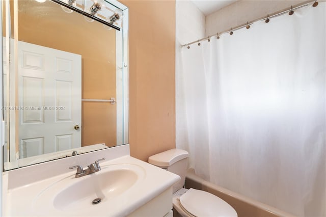 full bathroom with vanity, toilet, and shower / bathtub combination with curtain