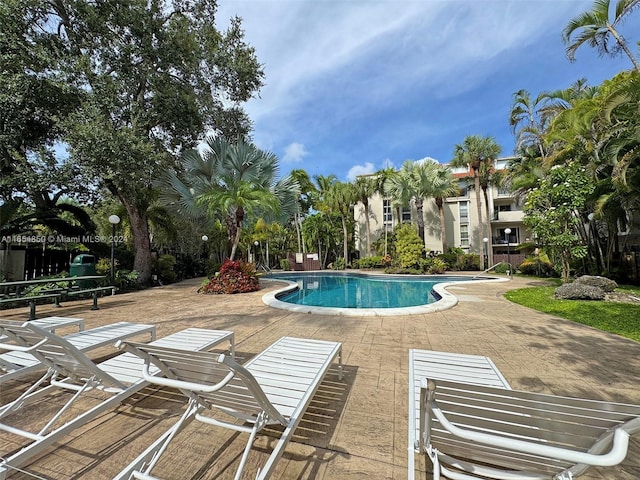 view of swimming pool featuring a patio