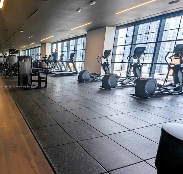 gym with floor to ceiling windows and a wealth of natural light