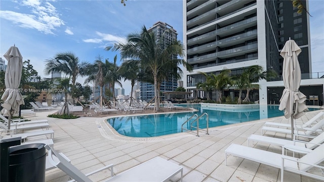 view of swimming pool with a patio