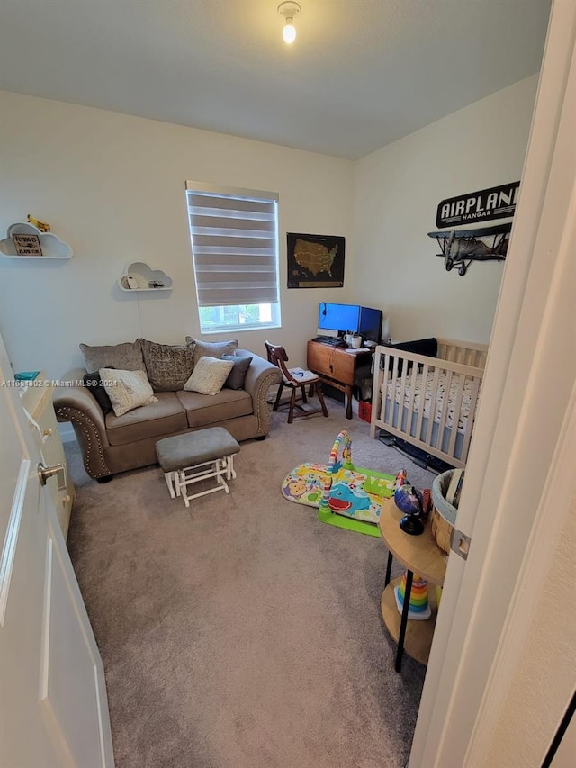 bedroom with carpet floors and a crib