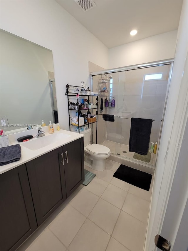 full bath with vanity, visible vents, a stall shower, tile patterned flooring, and toilet