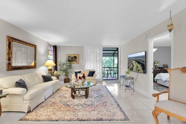 living room featuring light tile patterned flooring