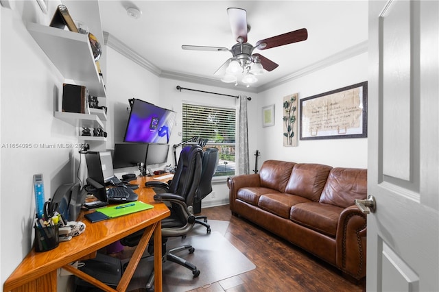 office area featuring ornamental molding, dark hardwood / wood-style flooring, and ceiling fan