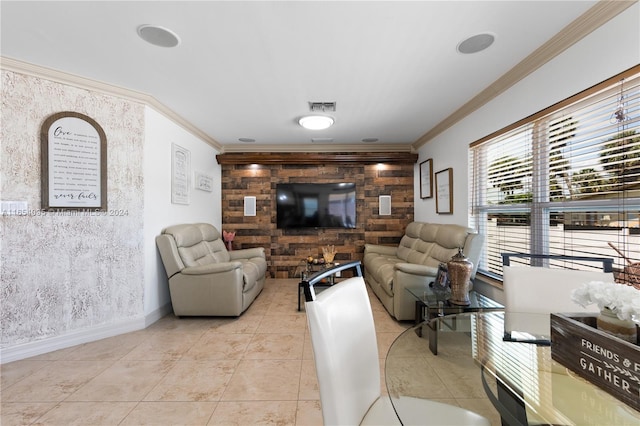 living room featuring crown molding and light tile patterned floors