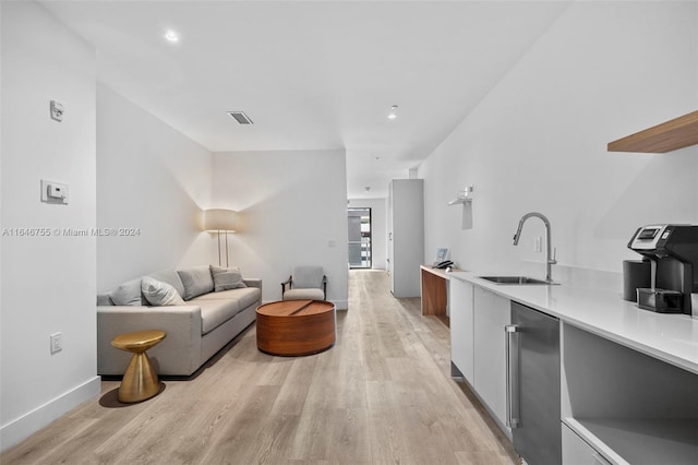 living room featuring light hardwood / wood-style flooring and sink