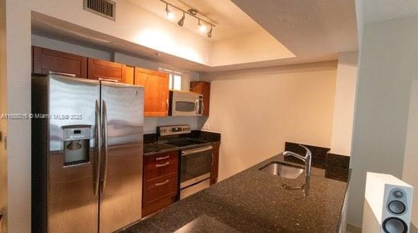 kitchen featuring sink, a tray ceiling, stainless steel appliances, and dark stone counters