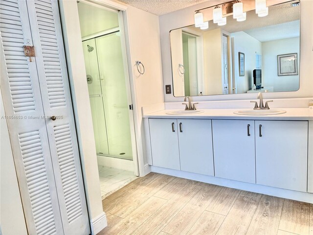 bathroom with vanity, a textured ceiling, and walk in shower