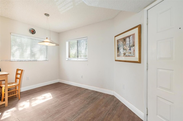 dining space featuring hardwood / wood-style flooring and a textured ceiling