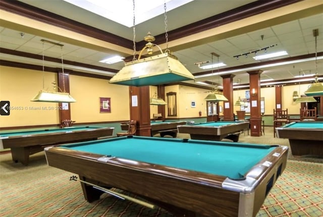 game room with decorative columns, light colored carpet, and pool table