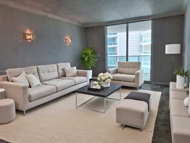 carpeted living room with expansive windows and crown molding