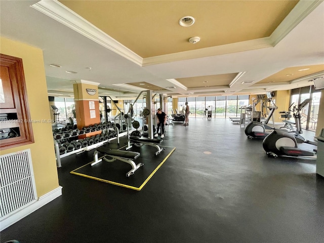 exercise room featuring a raised ceiling and crown molding