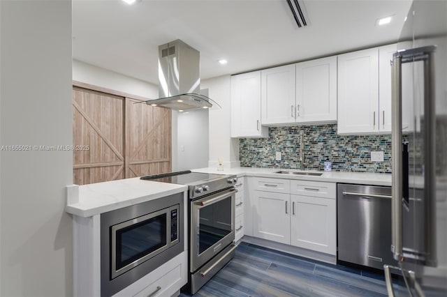 kitchen featuring island exhaust hood, stainless steel appliances, tasteful backsplash, a barn door, and a sink