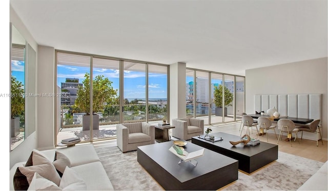 living room with a wall of windows and light hardwood / wood-style floors