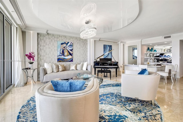 living room featuring crown molding, a notable chandelier, wallpapered walls, and visible vents