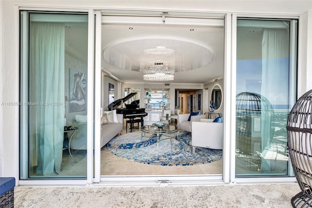 exterior space with a chandelier